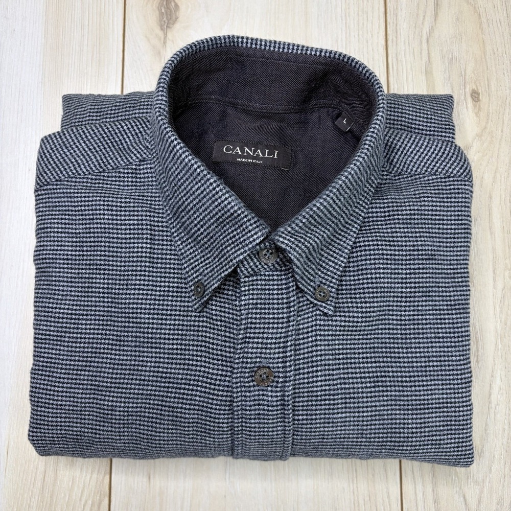 Canali Brushed Soft Cotton Houndstooth Flannel Button Up Shirt Mens Large Gray
